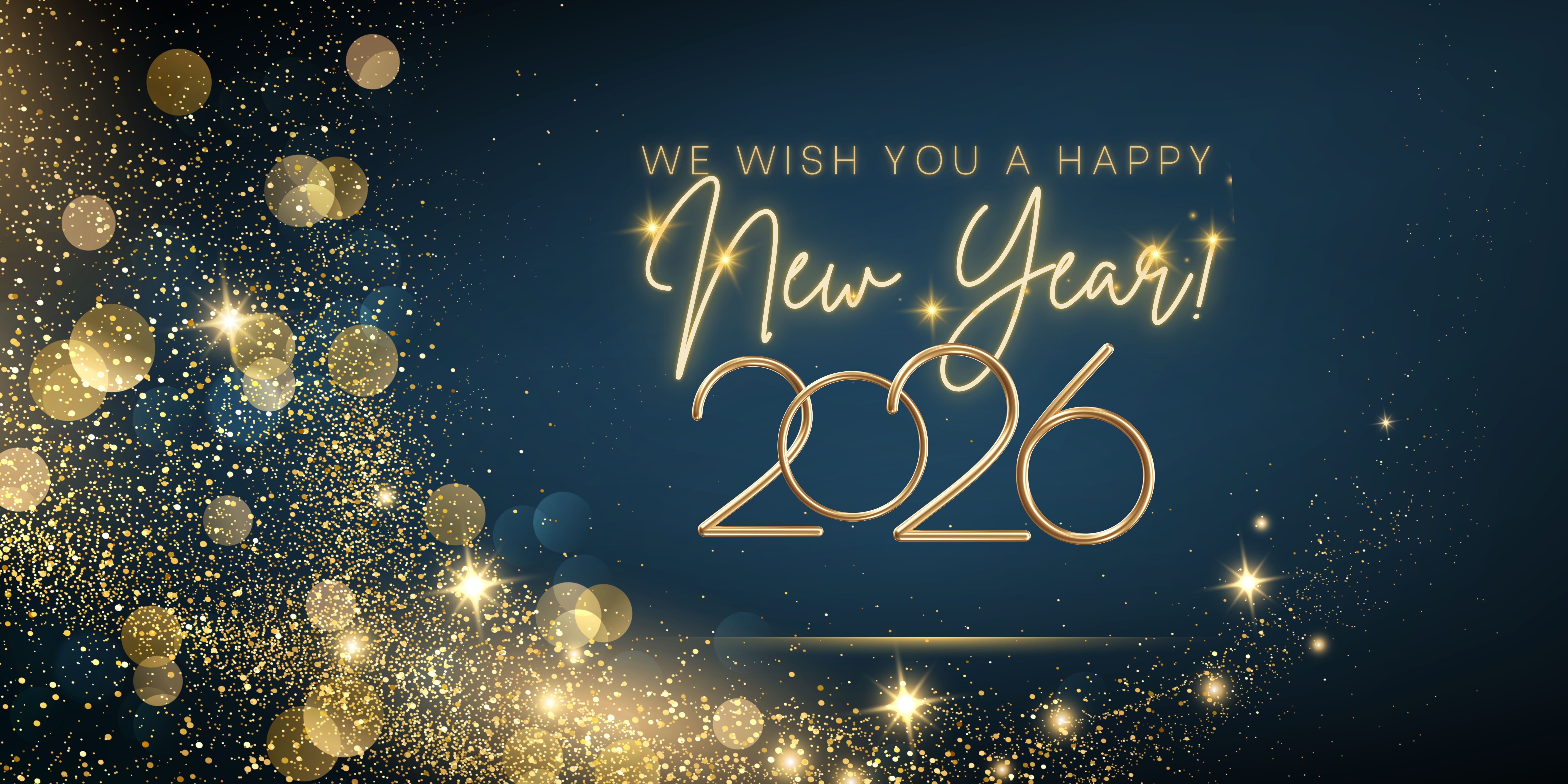 Dark Blue Gold Elegant Shiny Festive Glitter Happy New Year 2026 Banner