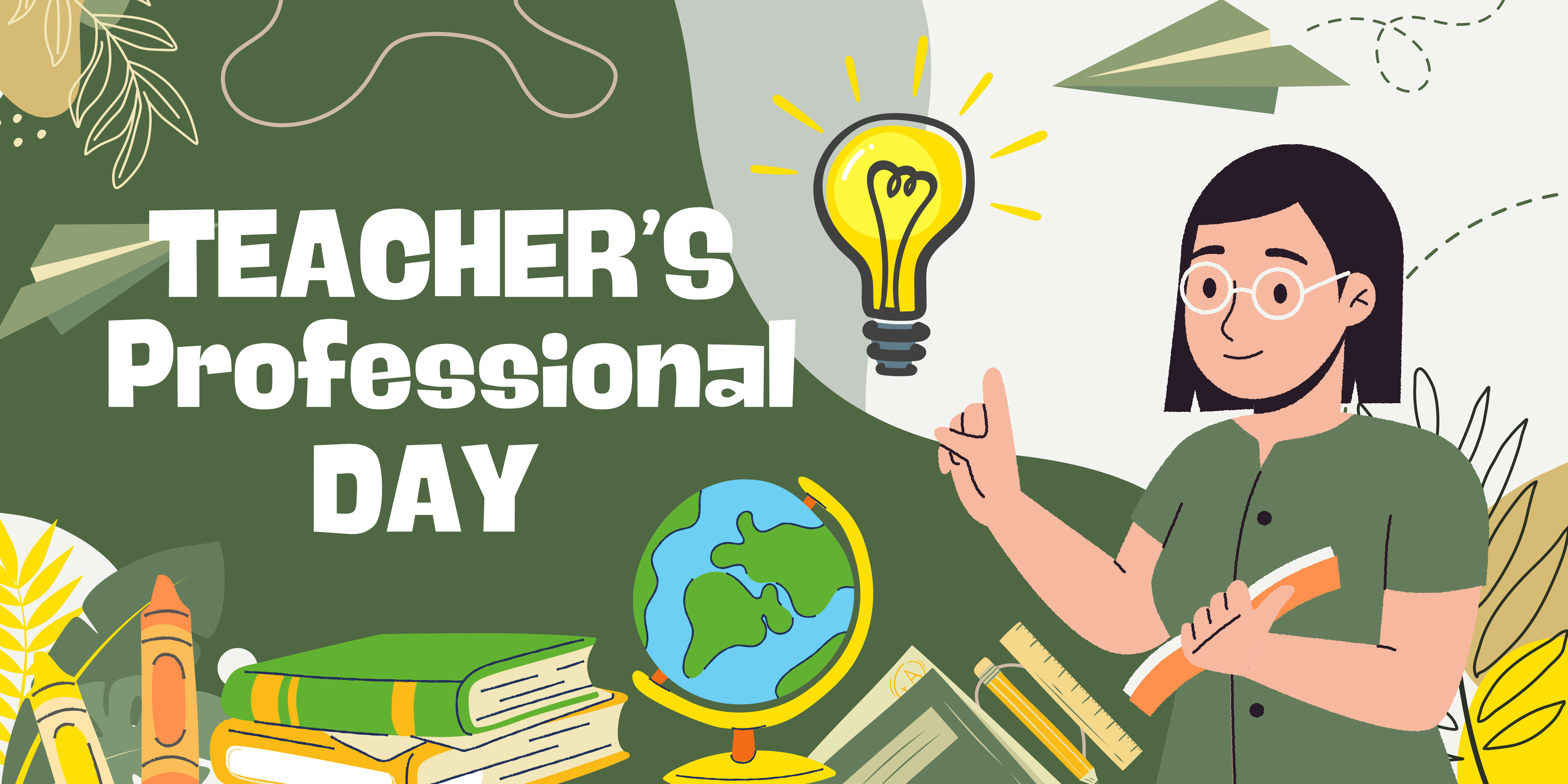 Green and Yellow Illustrative Happy Teacher's Day Banner Landscape
