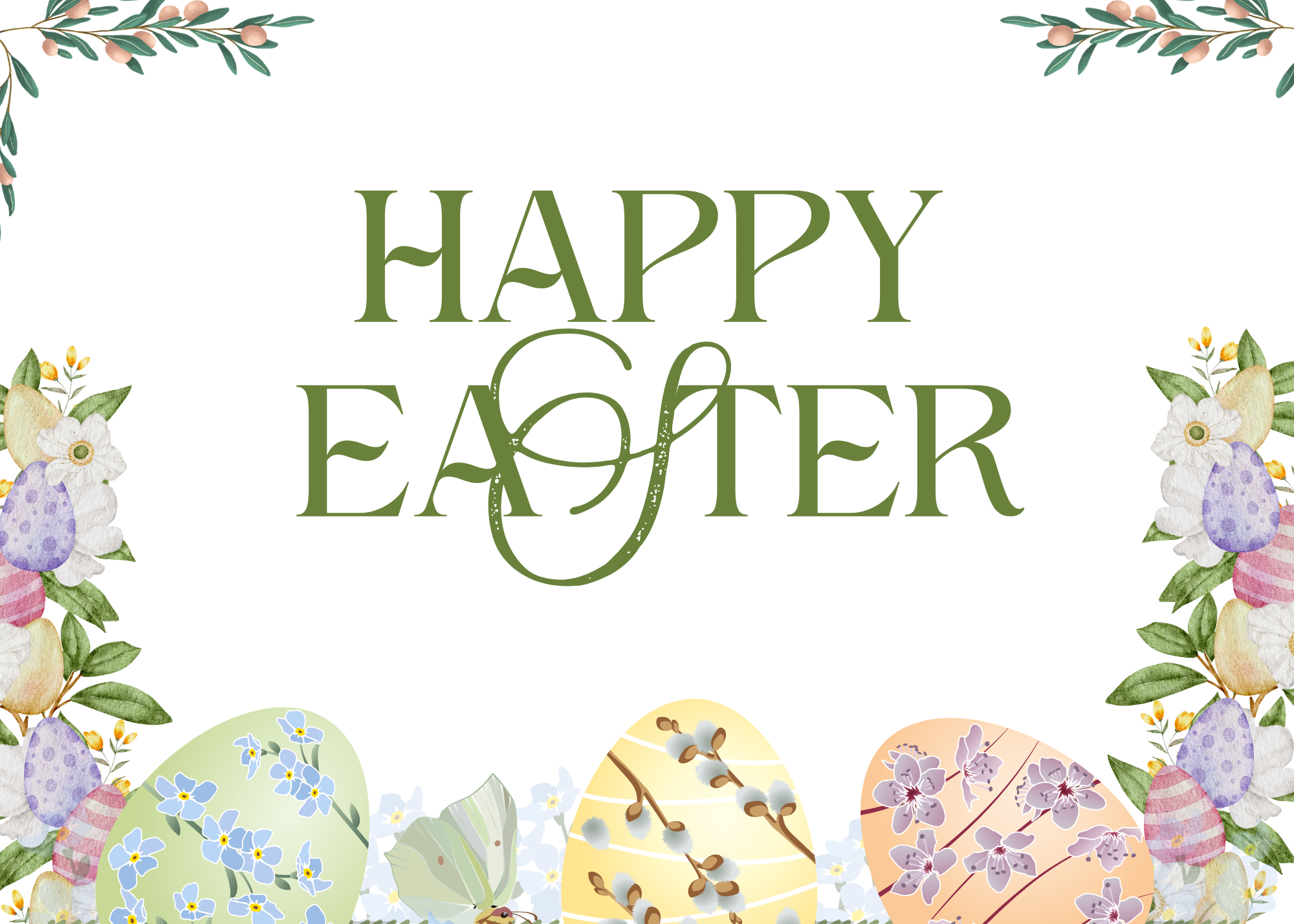 Green and White Illustrative Cute Happy Easter Greeting Card